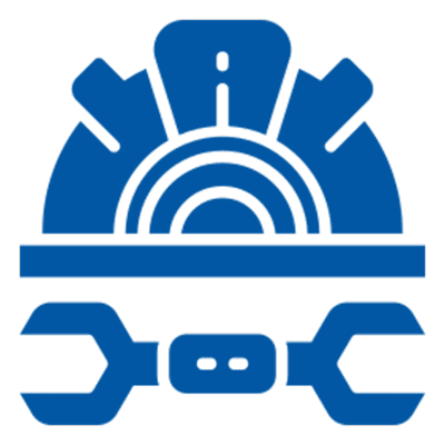 Blue gear and wrench icon on black.