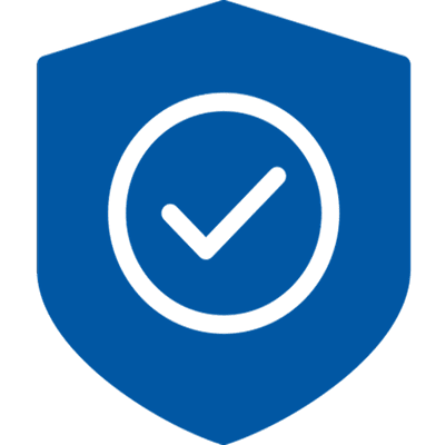 Blue shield with black checkmark symbol.