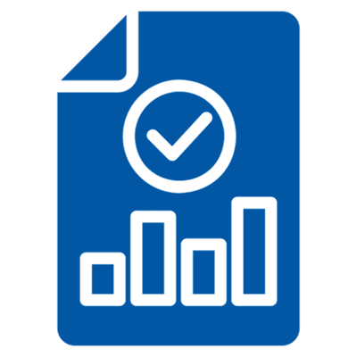 Blue document icon with chart and checkmark.