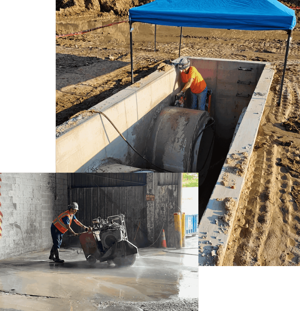 Construction workers using industrial cutting tools.