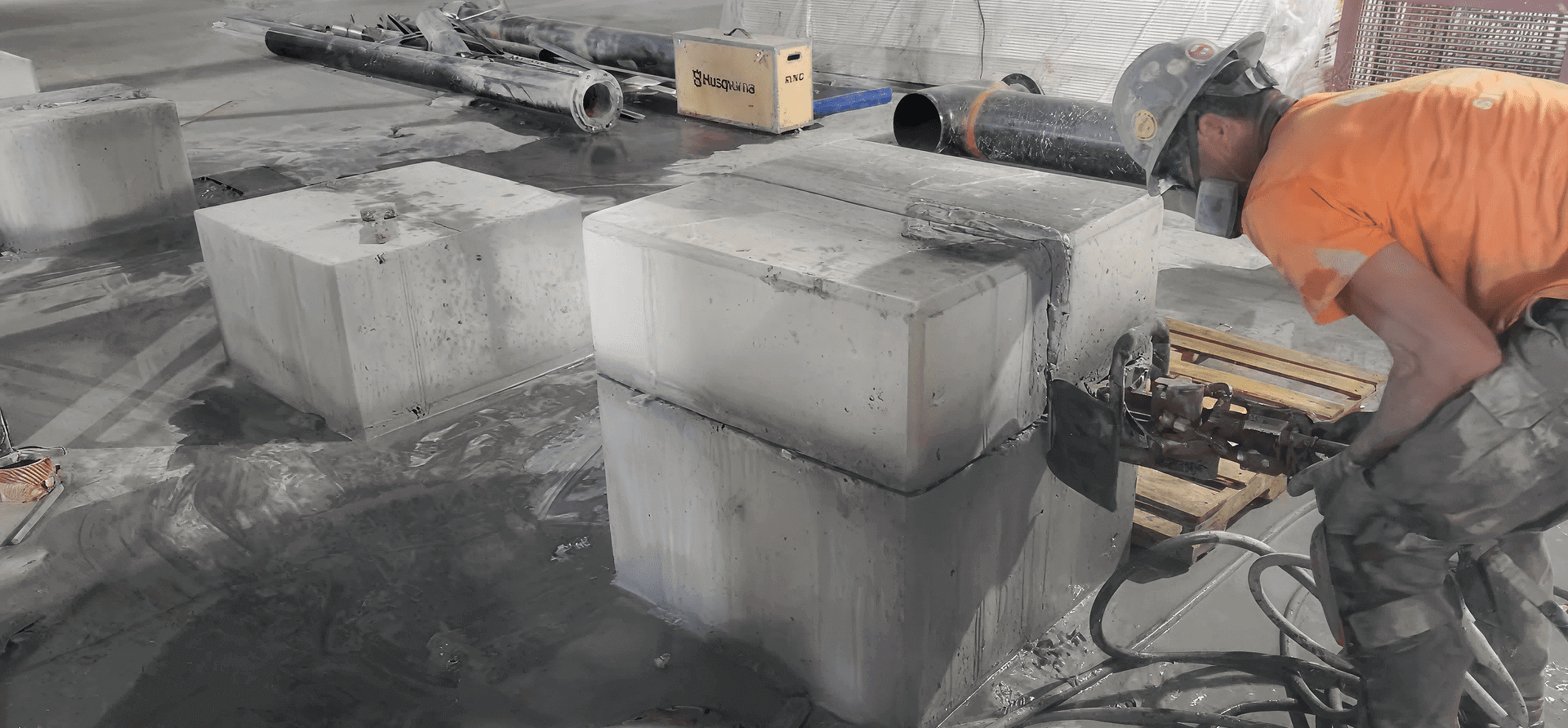 Worker cutting large concrete block with saw.