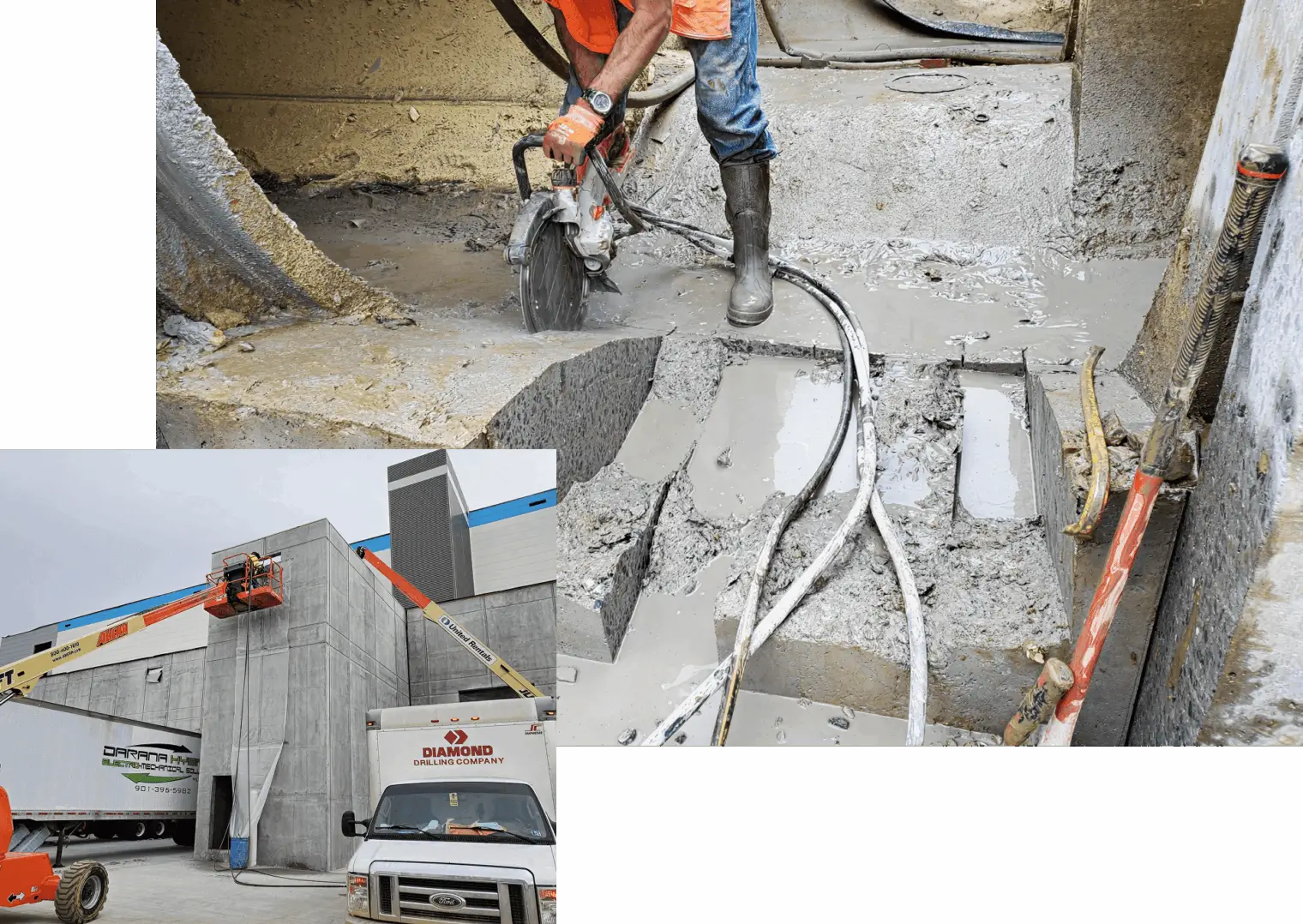 Worker cutting concrete with power saw.